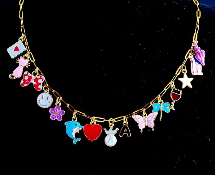 Gold Charm Necklace Kit - 4pcs 18in Stainless Steel Paperclip Chains & 50pcs Assorted Cute Gold Charms for DIY Jewelry Making