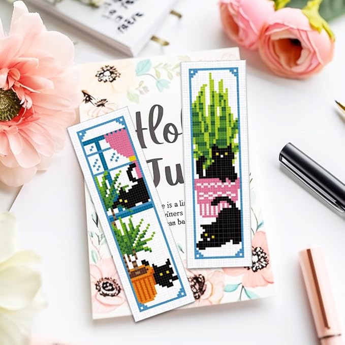 ACRNIGHEET 6PCS Cross Stitch Bookmark Kits Cute Cat and Plants Pattern Stamped Cross Stitch Kits for Beginners Adults DIY Stamped Embroidery Bookmarks with Instructions Hand Embroidery Craft Gift 11CT