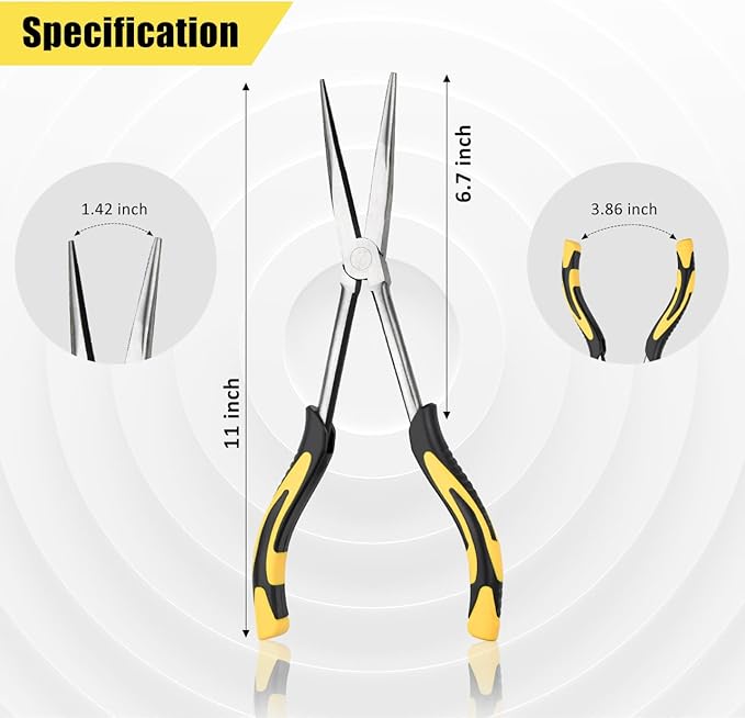zuzuan premium long needle nose pliers-11’’, paper clamp precision, high carbon steel, soft grip with wire cutter, long nose cutting pliers for home, fishing, jewelry, crafts,2pcs