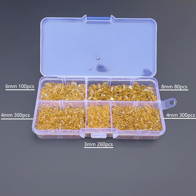 Gold Champagne Bicone Glass Beads for Jewelry Making, Faceted Crytal Spacer Beads for Bracelet Necklace Earring (3mm 4mm 6mm 8mm Mixed Sizes, 1040pcs)
