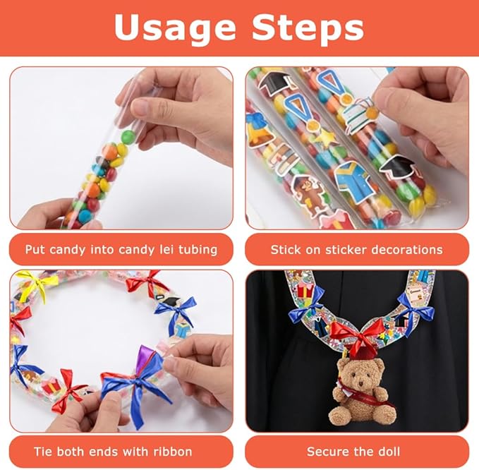 Candy Leis for Graduation 2026, Making Kit Supplies Tubing Grad Leis for Graduation Candy Necklace with 3 Color Ribbons Handmade Decoration Kit, Grad Party Gift for Graduates(Red, Yellow, Blue)