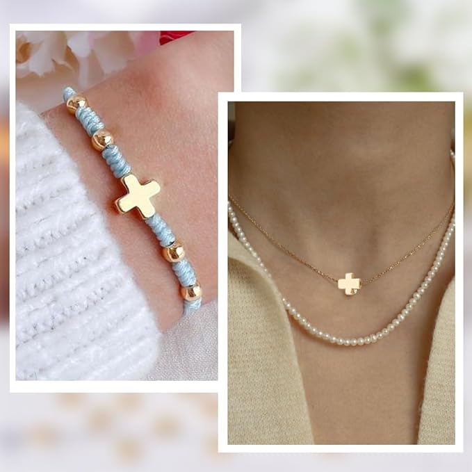 SUNNYCLUE 1 Box 50Pcs Cross Beads Real 18K Gold Plated Crosses Bulk Mini Small Golden Cross Bead Tiny Beaded Charm Easter Crucifix Loose Spacers for Jewelry Making Beading Kit DIY Craft
