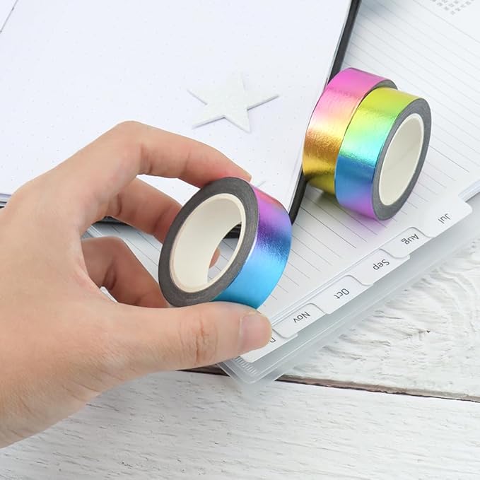 MEI YI TIAN 6 Rolls Solid Rainbow Foil Washi Tape Set 15mmx10m Metallic Paper Adhesive Masking Tapes Holographic Sticky Paper Tape for DIY Scrapbooking Journal Crafts Art Home Decoration