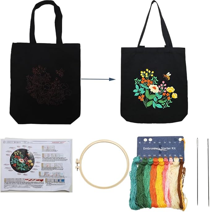 VWV-Whizzing Embroidery Canvas Tote Bag DIY Kit for Beginners, Complete with Pattern, Hoops, Color Threads, Tools & Detailed Instructions for Adults (13X15(in) Black-Bee)