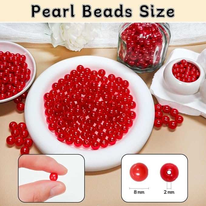 Pearl Beads for Jewelry Making Holes ABS Craft Beads with Holes for Jewelry Making, Bracelet, Necklace Crafting Bulk Bead Kit (8mm, Red/750 pcs)