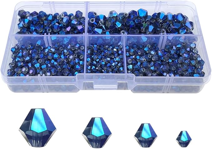 Clear Blue Bicone Glass Beads for Jewelry Making, Faceted Crytal Spacer Beads for Bracelet Necklace Earring (3mm 4mm 6mm 8mm Mixed Sizes, 1040pcs)
