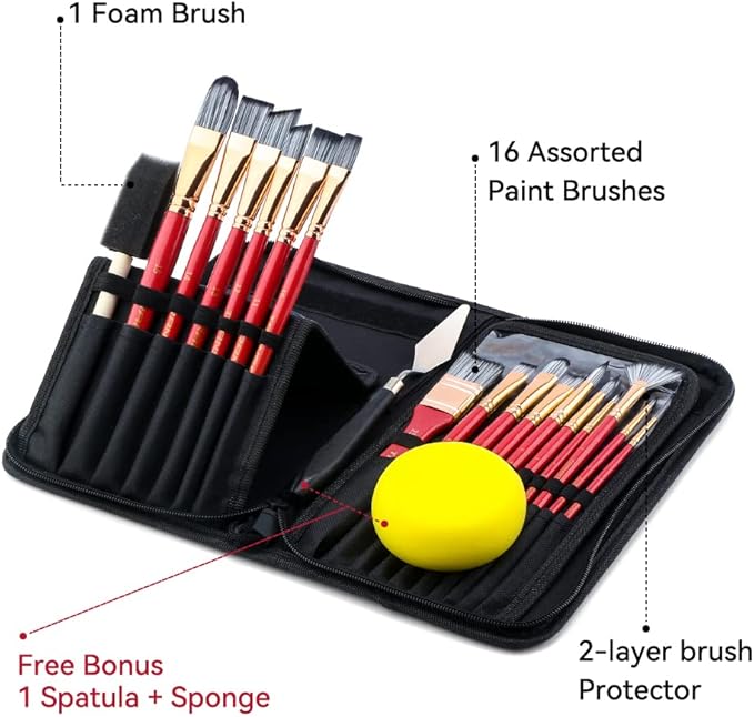 Transon Art Paint Brush Kit 16 Paint Brushes with Foam Brush Sponge Spatula and Brush Case for Oil, Acrylic, Watercolor, Gouache, Painting Pink Color