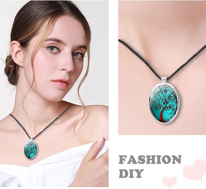 J6QIHANG Pendant Trays Kit for DIY Jewelry Craft Making, Including Round Pendant Bezel Blank Trays Glass Cabochons Waxed Necklace Cords for Photo Cameo Jewelry Making