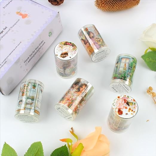 Transparent PET Window Garden Plant Flower Stickers Tape for Journaling, 6 Rolls Assorted Spring Themes Decorative Tape Set for Scrapbooking, Junk Journal Supplies, Bujo, DIY Arts Crafts