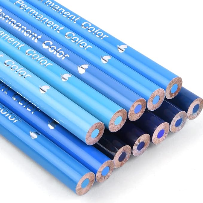 qianshan 12 Blue Colored Pencils Oil Based Pre-sharpened Wooden Colored Pencil Set for Adults Coloring Books Drawing Sketching Art Supplies, No Duplicates