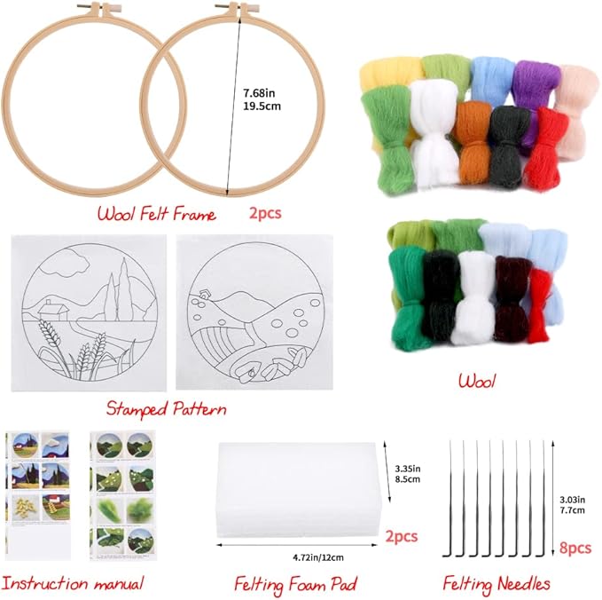 Needle Felting Kits Beginners, DIY Wool Needle Felting Starter Kit, Needle Felt Set with Picture Frame, Foam Pad, Felt Cloth and Instructions, Used for Home Decoration, Beginner, Art Craft(2 Sets)
