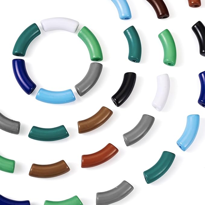 60Pcs Acrylic Chunky Tube Beads with Brass Rhinestone Spacer Beads & Elastic Crystal Thread, 10 Colors Opaque Curved Tube Beads for Bamboo Bangles Bracelet Jewelry Making