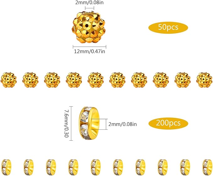 LAIDANLA 250pcs 12mm Gold Rhinestone Beads and 8mm Rondelle Spacer Beads for Beadable Pens, Sparkly Shamballa Disco Baseball Bead for DIY Jewelry Making, Bracelets, Necklaces, Earring Craft