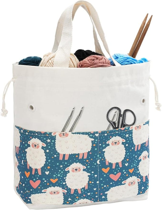 Crochet Bag, Handy Knitting Project Yarn Bag, Crochet Accessories Yarn Storage Organizer, Knitting Bags and Totes for Crocheting on The Go, 12.5x13x5'' (Green Sheep, Small)