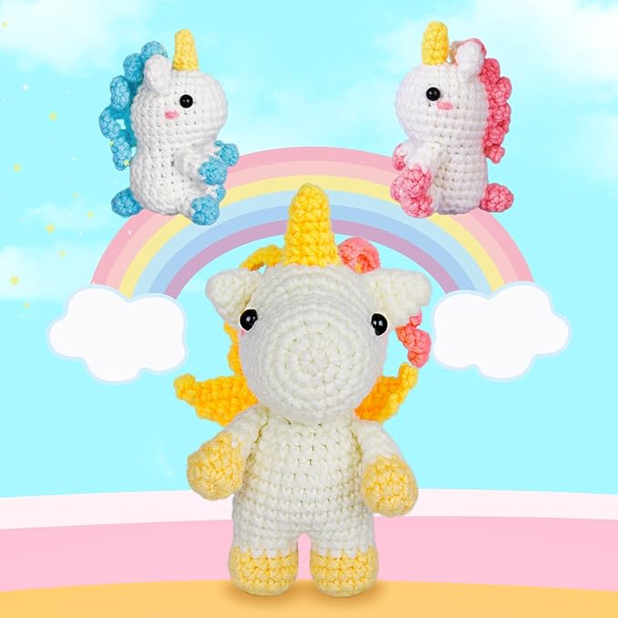 Crochetta Crochet Kit for Beginners, Amigurumi Crocheting Animals Kits w Step-by-Step Video Tutorials, Knitting Starter Pack for Adults and Kids, Jumbo 3 Unicorn Familly (40%+ Yarn Content)