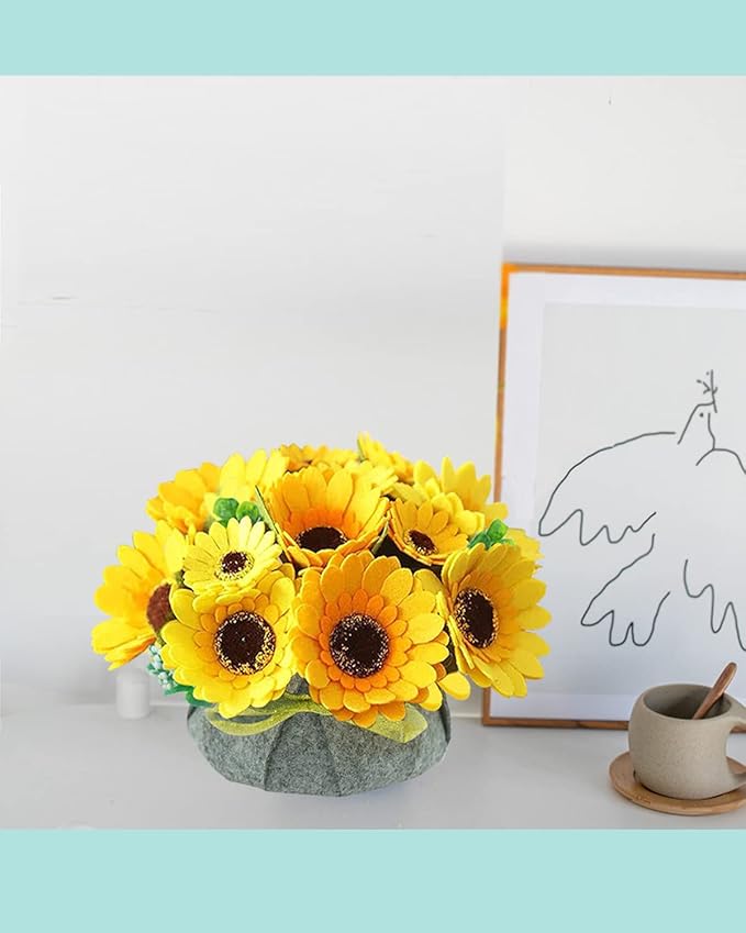 BAZIMA ALICE DIY Felt Flower Art Craft Kit, Sunflower Pot Bonsai Kit for Beginners, Floral Gifts, Arrange Pre-Cut Flowers and Foliage