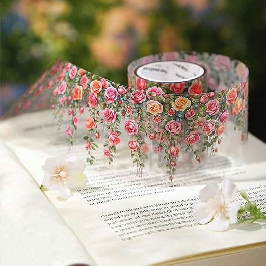 3 Rolls Floral Washi Tape - Colorful Rose Vine Flower Tape Stickers, Self-Adhesive Green Leaf PET Tape, Decorative Tape for Crafts, Scrapbook, Journal, Notebook, Photo Album, Gift Wrap