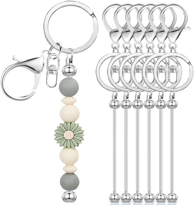 6 Pcs Beadable Keychain Bars Bulk for Beads DIY Blank Keychain Metal Beaded Keychains for Bead Key Chain Making Kit Crafts Gift Silver