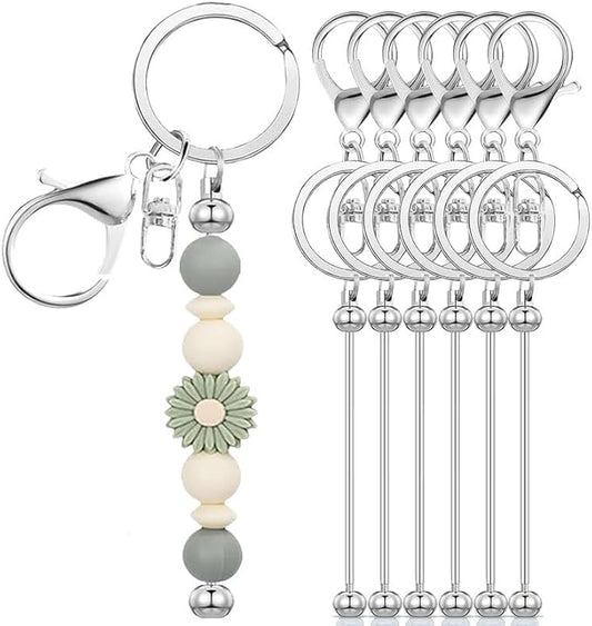 6 Pcs Beadable Keychain Bars Bulk for Beads DIY Blank Keychain Metal Beaded Keychains for Bead Key Chain Making Kit Crafts Gift Silver