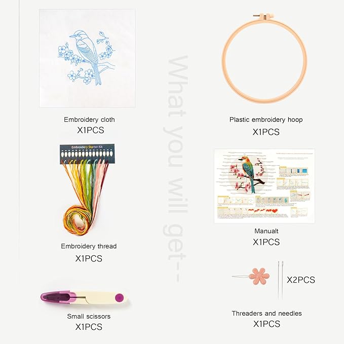 MAMUNU Embroidery Kit for Beginners Adults, Cross Stitch Kits, Stamped Cross Stitch Kits, Hummingbird and Flower Embroidery Kit with Printed Embroidery Cloth, Embroidery Hoop, Color Threads and Tools