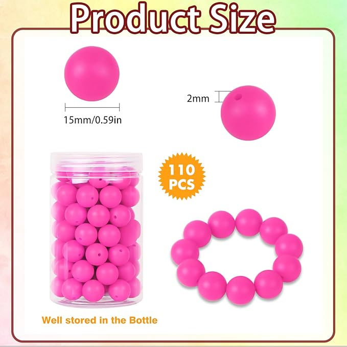 110 Pcs Silicone Focal Beads, EVERMARKET 15mm Silicone Beads for Keychain Making, Round Silicone Beads Bulk with Bottle, Rubber Loose Beads for Pens Crafts Necklace Bracelet Lanyard (Hot Pink)