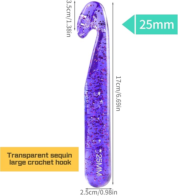 25 mm Large Crochet Hooks, Ergonomic Handle for Arthritic Hands, Professional Huge Crochet Needles, Colorful Transparent Crochet Hook for Beginners and Crocheting Yarn(25 mm)