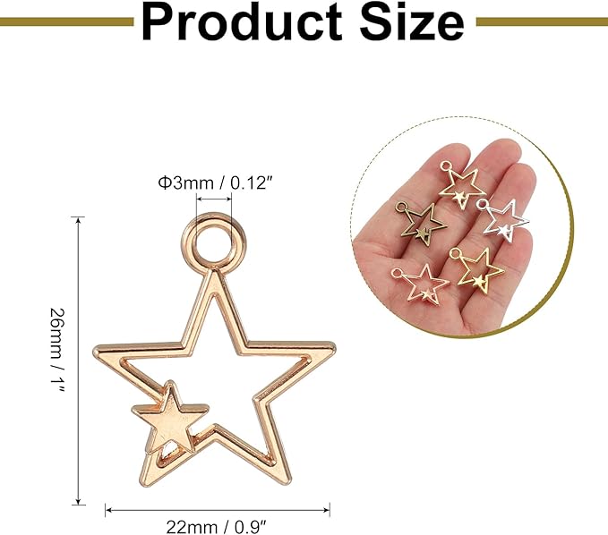 uxcell 100Pcs Alloy Open Bezel Pendants, Star Open Back Hollow Frame Pendant Geometric for Resin Jewelry Making Earrings Necklace Bracelet DIY, Light Gold