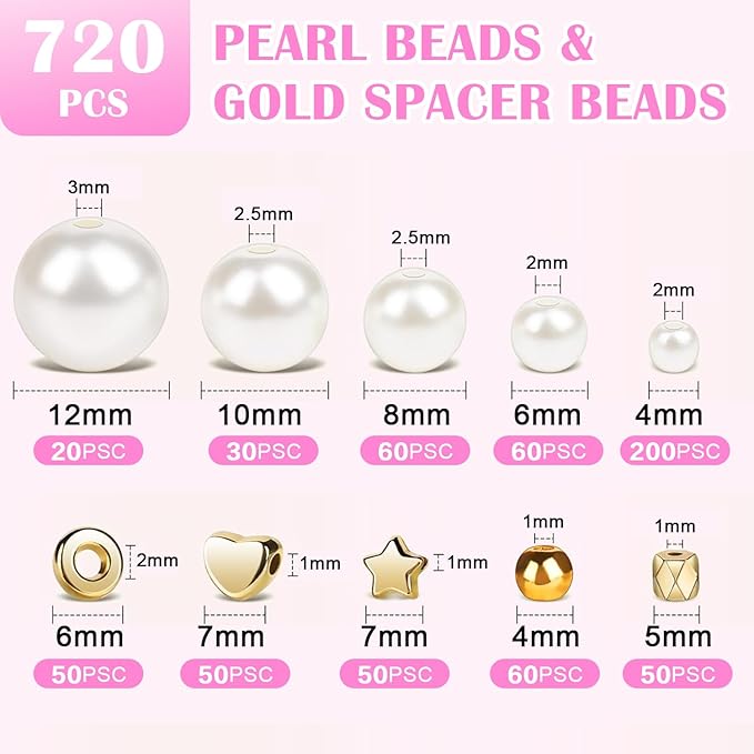 Frhrfhe Pearl Beads for Bracelets, 720pcs Ivory Faux Fake Pearls Gold Spacer Bracelet Making Kit with Hole for Adult, Friendship Bracelet Kits, Small Pearl & Gold Beads, Jewelry Making Kit