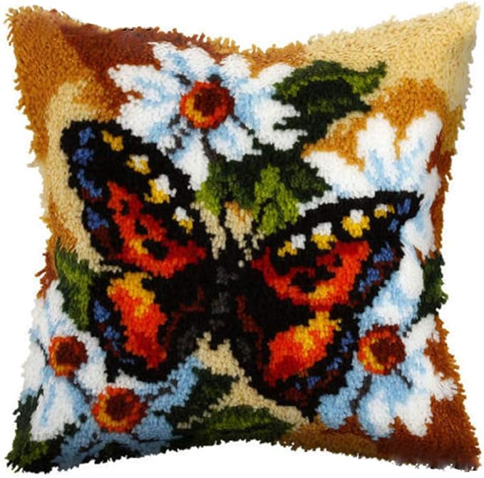 LAPATAIN Latch Hook Kits for DIY Throw Pillow Cover,Butterfly Needlework Cushion Cover Hand Craft Crochet for Great Family 17x17inch
