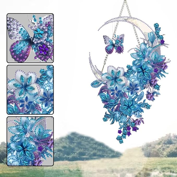 STGLCR Hanging Diamond Art Kits for Adults Pendant Moon, Special Shaped Crystal DIY Flower Diamond Painting Kit for Begginer, Acrylic Board Foral Moon Pendants for Home Decor 11.92 Inch Butterfly Blue