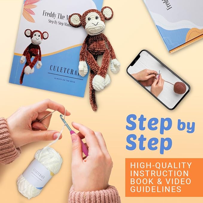 CULETCRAFT Crochet Kit for Beginners Adults, Freddy The Monkey DIY Crochet Animal Kit for Beginners, Learn to Crochet with Step-by-Step Instruction Book, Beginner Crochet Kit for Adults