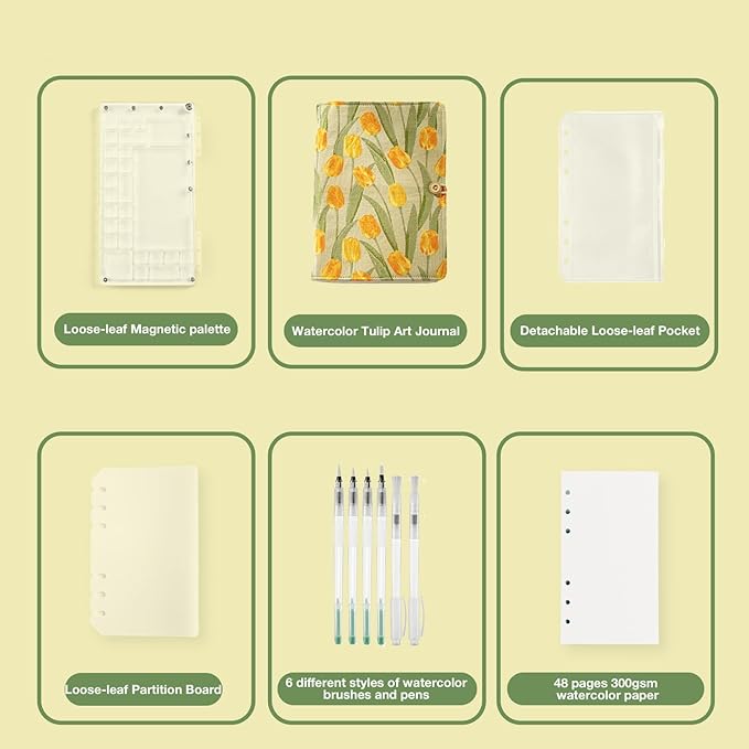 ACTANCEN A6 Binder Watercolor Travel Set,Refillable Embroidered Journal with Mini Paint Palette.Thick Paper Travel Diary/Sketchbook/Workbook for Girl,Tulip Flowers Art Notebook