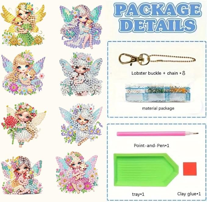 Masendp 8 Pieces 5D DIY Diamond Art Painting Keyring, Angel Fairy Double Sided Diamond Keychain, Mosaic Paste Painting Keychain, Diamond Art Pendant Jewelry Wallet Bag Decoration