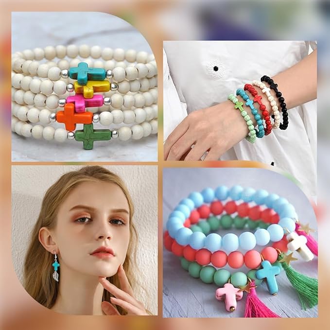 SUNNYCLUE 1 Box 100Pcs Cross Beads Bulk Small Easter Cross Beads Synthetic Magnesite Stone Crucifix Crosses White Red Blue Pocket Quilts Crucifix Charms for Jewelry Making Beading Kit Supplies