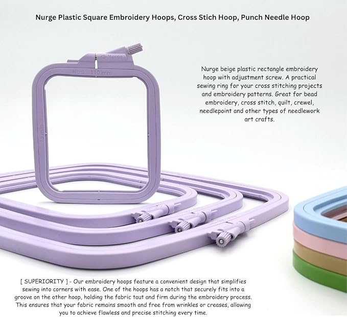 nurge square embroidery hoop - plastic cross stitch frame for needlepoint & embroidery - adjustable craft hoop - lilac - no:3 (medium)