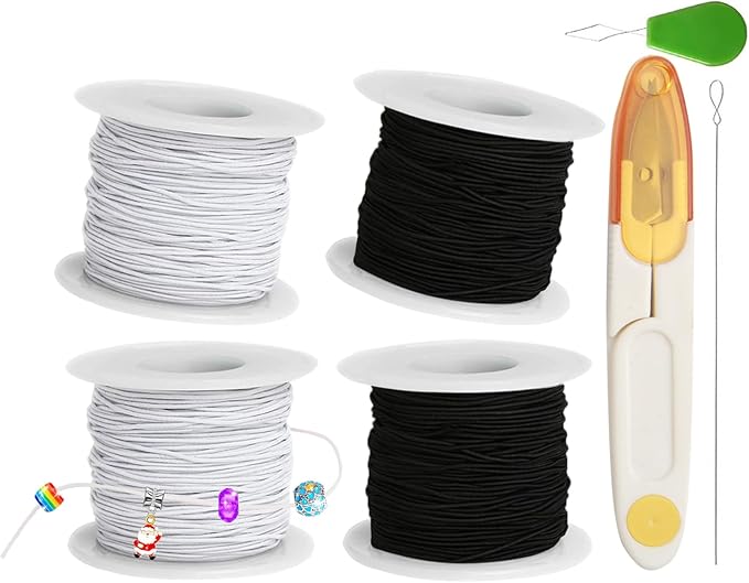 Stretchy String for Bracelet Making Kit, 4 Rolls 660 ft 1mm Elastic Cord, 2 Black & 2 White, Includes Soft Measuring Tape & Craft Scissors for Jewelry Beading, Necklaces, DIY Crafts