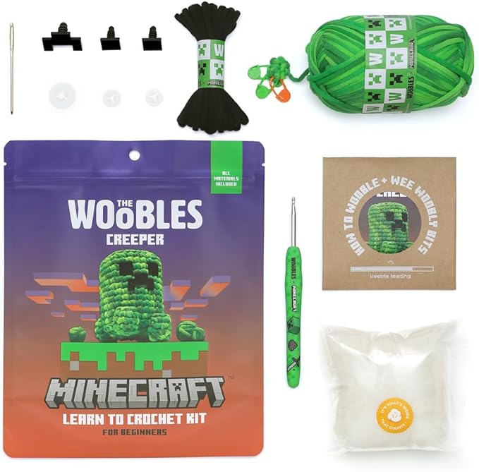 The Woobles Minecraft Crochet Kit – Beginner Crochet Kit for Adults, Easy Knitting Kit with Woobles Yarn, DIY Crafts, Crochet Animals, Minecrafts, Gift for Gamers & Crafters (Creeper)