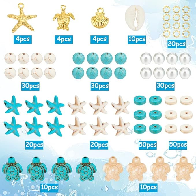 SUNNYCLUE 1 Box 292Pcs Sea Turtle Beads Seashell Starfish Beads Lucky Turquoise Spacers Ocean Summer Hawaii Sea Animal Shell Charms for Jewelry Making Beading Kits Women Adult Gift Supplies
