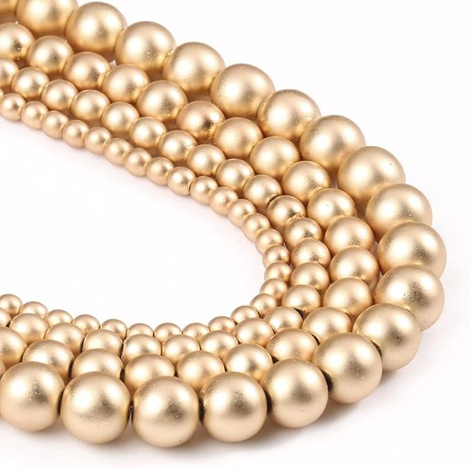 Stone Beads, 60pcs Matte Gold Hematite, 6mm Round Loose Beads for Jewelry Making, Bracelets, with Bag, String & Card