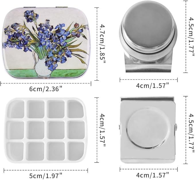 Portable Mini Tin Box 12-Well Empty Watercolor Palette Paint Mixing Tray is a Small Storage Travel Kit with Magnetic Clip and Oil Pot,Making it Outdoor Sketching and DIY Painting.Morning Glory