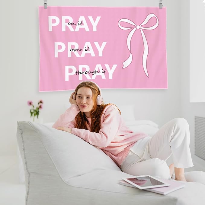 HunnmingRe Pink Tapestry Coquette Aesthetic Bedroom Hanging Wall Art Preppy Tapestry Decor Kit Cute Room Decoration for Women Girls Room Dorm Apartment(Pink Christian,60" X 40")