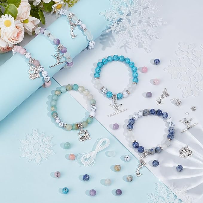 SUNNYCLUE 1 Box About 183Pcs 6 Sets Cheer Bracelet Making Kit Stone Bead Bracelet Kits 8mm Gemstone Crystal Silver Sports Cheerleading Charms Beads for Jewelry Making Set Women Starter Beginners