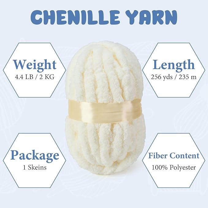 Chunky Yarn for Hand Knitting, Jumbo Chunky Yarn for Crocheting, Chunky Chenille Yarn, 1 Pack (32 yds 8.5 oz Each Skein),#7, Cream