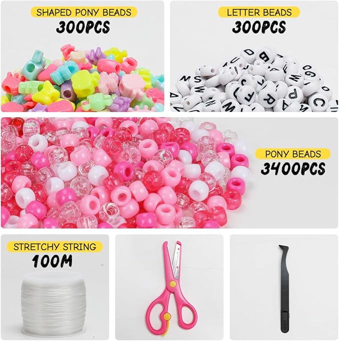 iooleem pink solid & glitter bulk pony beads - 4000pc kit for friendship bracelets & jewelry making, easy storage