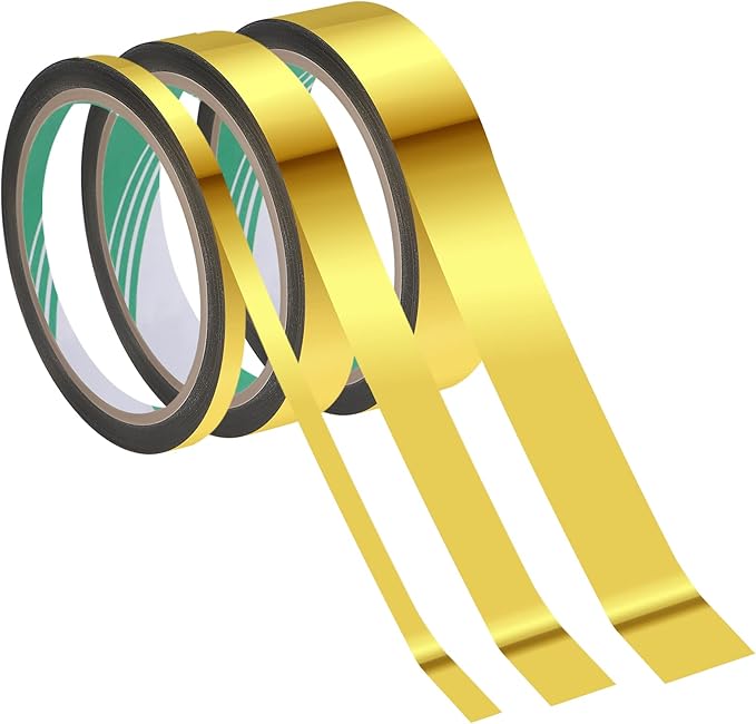 Zonon 3 Sizes Laser Gold Self Adhesive Polyester Film Tape Washi Tape for Car Furniture Graphic Arts Walls Decor, 55 yds(5/15/25mm)