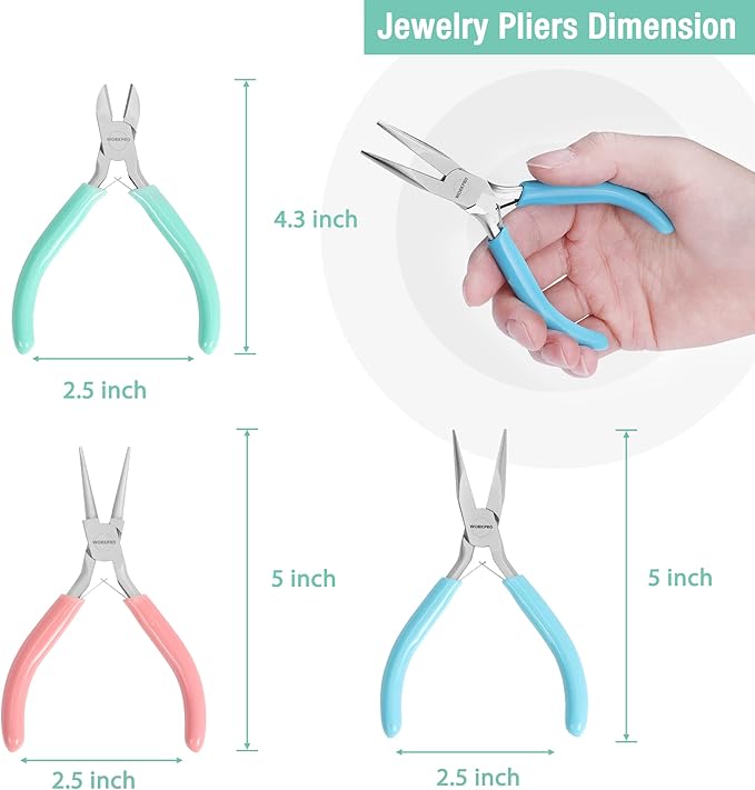 workpro jewelry pliers set, 3 pack jewelry making tool kit includes mini needle nose plier/chain nose plier, round nose plier and wire cutter for jewelry repair, diy crafts, jewelry making supplies