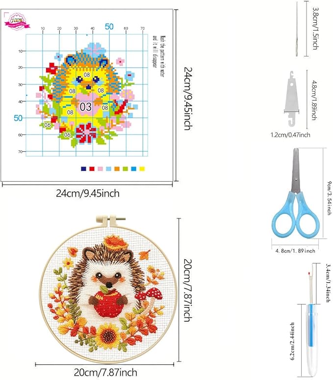 Zhenqing Autumn Animals Cross Stitch Kit - 4-Piece Set with Pre-Printed 11CT 24x24cm Fabric, Hoop & Tools, Fall Theme Animal Designs for Beginners (70412)