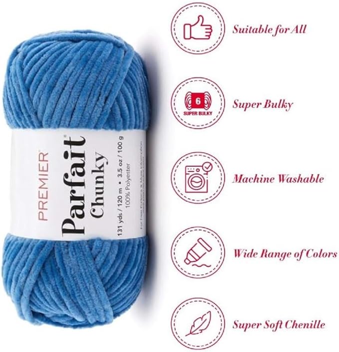 Premier Yarns Parfait Chunky Chenille Yarn 3.5 Oz 6 Super Bulky Weight 3 Pack Bundle with Bella's Stitch Place Holders (Cornflower)