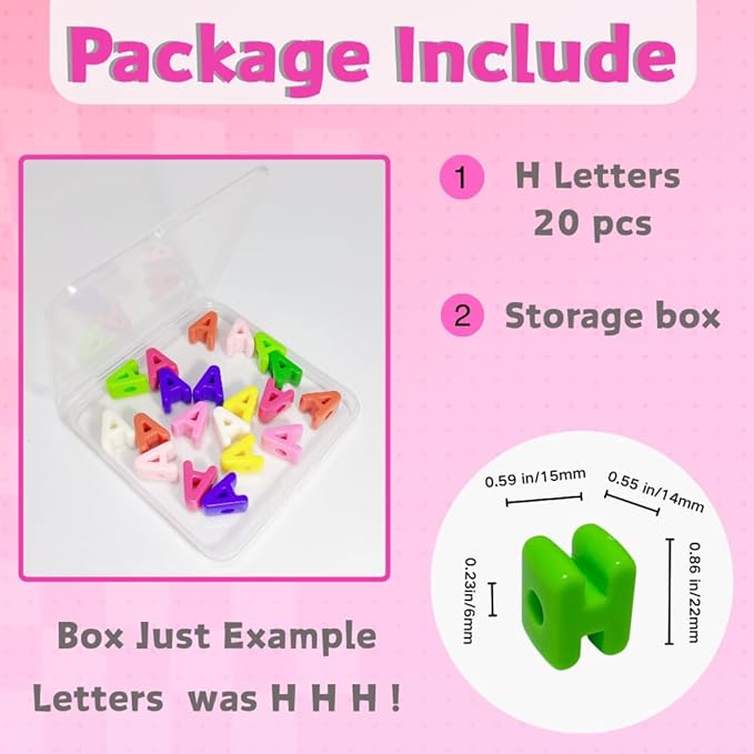 Maerolre 20Pcs Large Letter Beads, 20mm Big Acrylic Bubble Alphabet Beads, Colorful Plastic Beads for DIY Keychains, Jewelry Making, Phone Crafts Projects- H