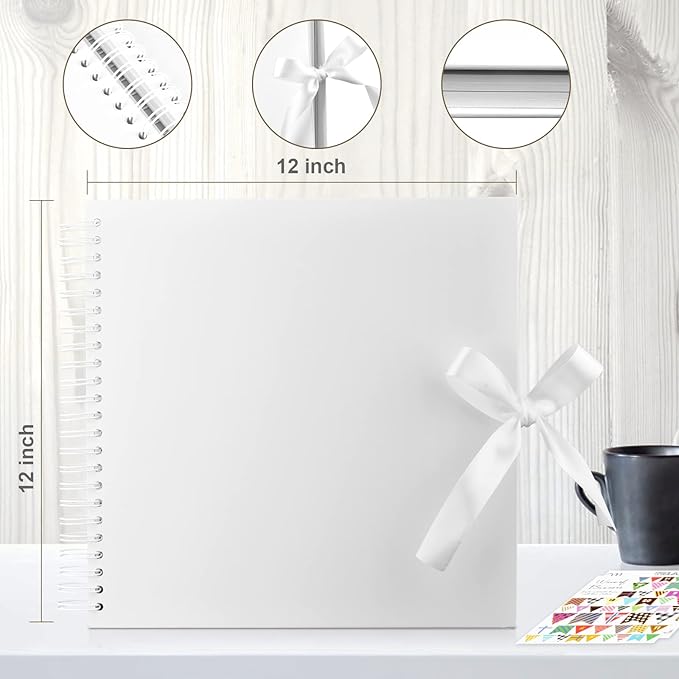 GOTIDEAL 12 x 12 Inch Scrapbook Album with 10 Metallic Markers,80 Pages Craft Paper Photo Album for Wedding and Anniversary, Family DIY Photo Album with Scrapbooking Stickers Corners(White)